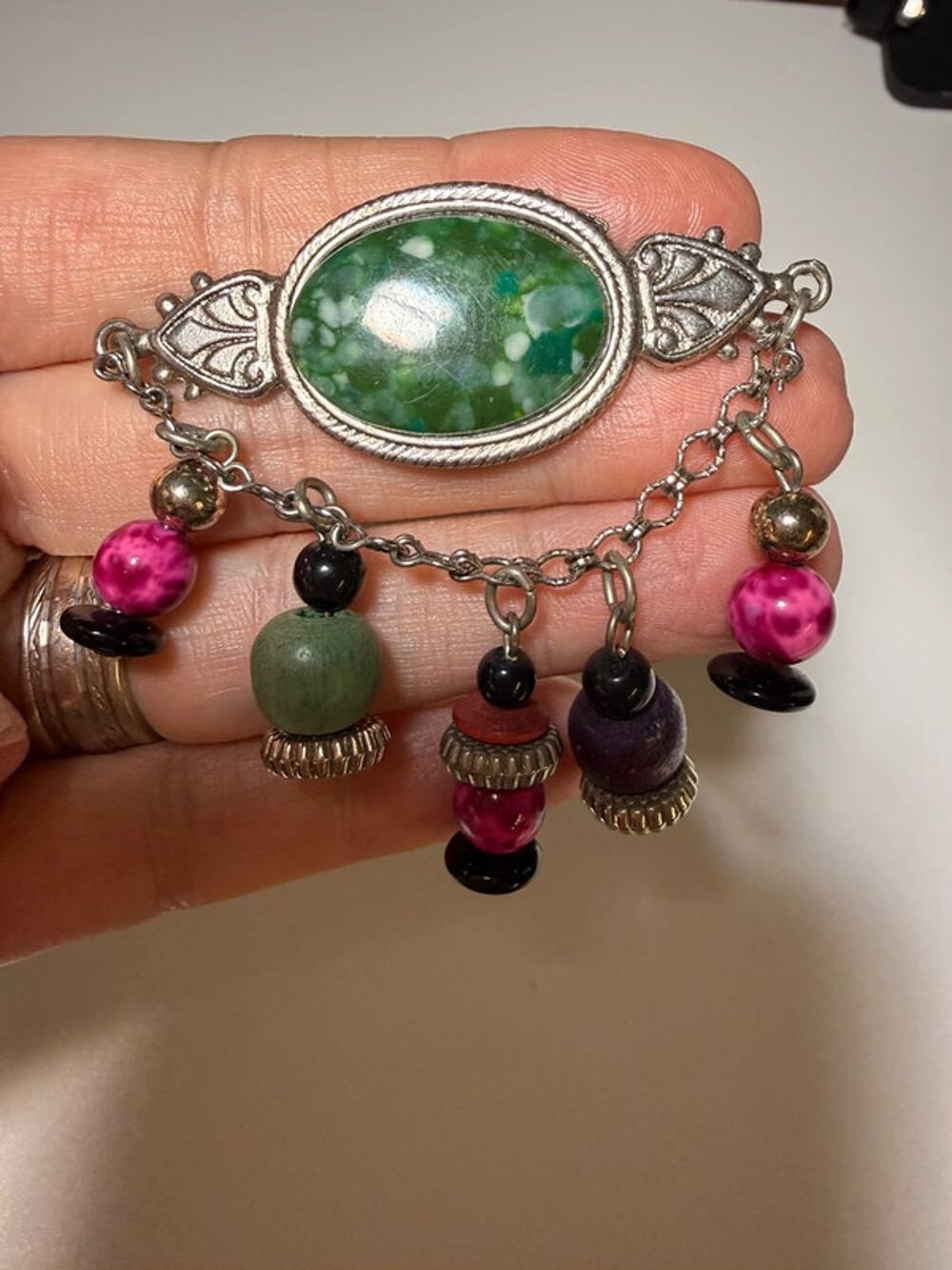 Silver tone green stone colorful beaded brooch 2”